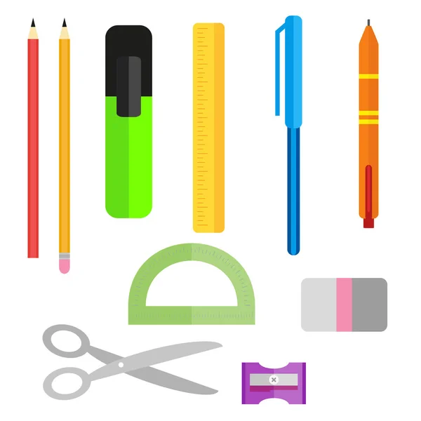 Набор школьных принадлежностей. Ручки карандаши ножницы и линейка. Точилка для карандашей и ластик. Коллекция объектов в плоском стиле на белом фоне . — стоковый вектор