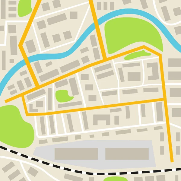 Abstracte stadsplan met wegen huizen parken en een rivier. De straten van de stad op het plan. Bovenaanzicht. — Stockvector