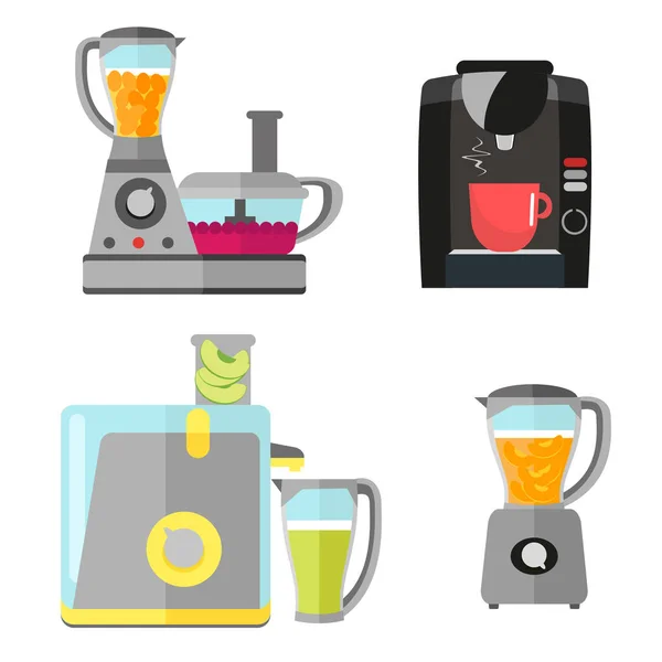 Elektrische keukenapparatuur instellen voor het koken. Koffiemachine, blender, juicer en keukenmachine. Vector uitrusting in een vlakke stijl geïsoleerd op een witte achtergrond. — Stockvector