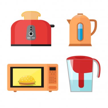 Mutfak ekipmanları takımı beyaz bir arka planda kahvaltı yemek pişirmek için düz bir tarzda izole. Sıcak ekmek, elektrikli su ısıtıcısı, mikrodalga ve su filtresi ile ekmek kızartma makinesi.