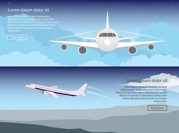 Viaje en el avión conjunto de pancartas en un estilo plano contra el fondo del cielo de la noche. Aviones de pasajeros durante el vuelo y el despegue. Encabezado para el sitio con texto y un botón . — Vector de stock