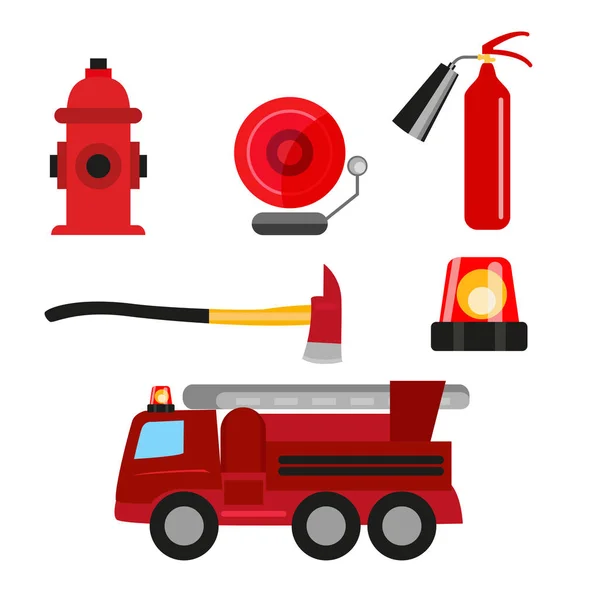 Brandschutzsymbole isoliert auf weißem Hintergrund. Feuerlöscher, Hydrant, Brandmelder, Axt und Feuerwehrauto. — Stockvektor