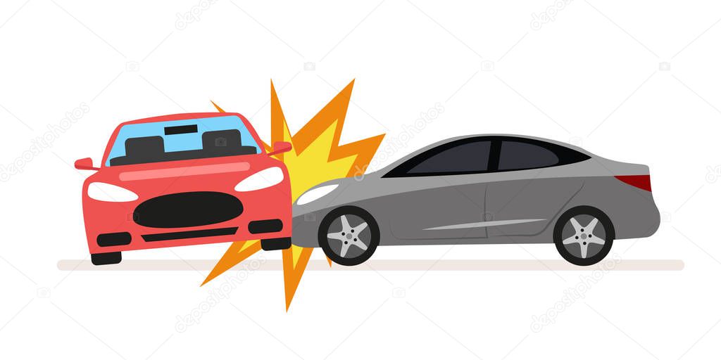 Collision of cars. Car crash involving two cars. A drunk or inconsiderate driver caused a serious traffic accident. Flat illustration isolated on white background.