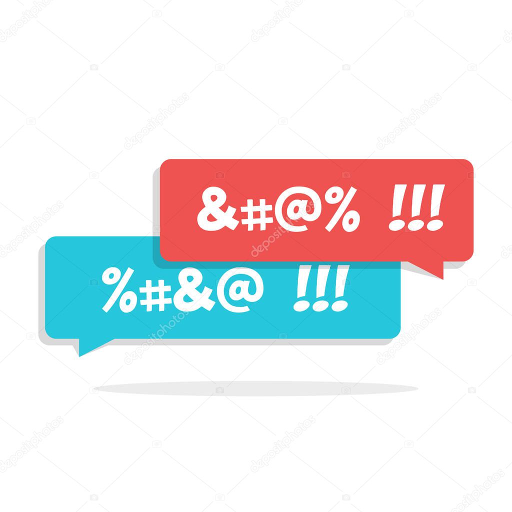 Dirty language. Cursing. Chat speech bubble with censored swearing words and shadow. Flat vector illustration isolated on white background