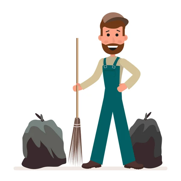 Janitor com uma vassoura e sacos de lixo isolados em um fundo branco em um estilo plano. Personagem dos desenhos animados . —  Vetores de Stock