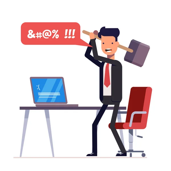 Broken computer with a blue screen of death. Computer virus. An angry businessman or manager with a sledgehammer in his hand expresses swearing. Flat illustration isolated on white background. — Stock Vector