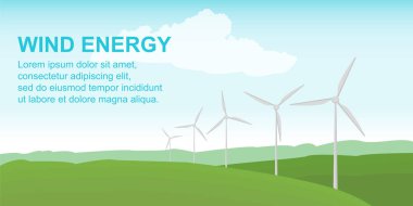 Rüzgar elektrik santrali yeşil alan üzerinde. Alternatif güvenli enerji kaynakları. Düz stil vektör çizim.