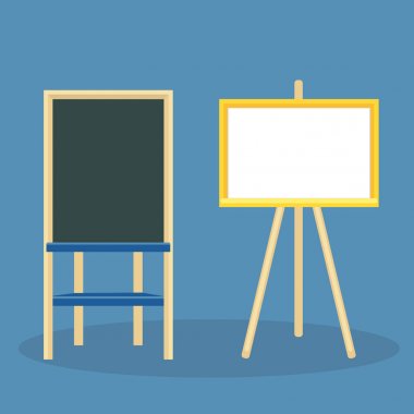 Ahşap şövale boş tuval ile. Çizim ve boya kalemi veya bir işaretleyici ile iş fikirleri kaydetmek için yönetim kurulu. Vektör illüstrasyon renk arka plan üzerinde izole.