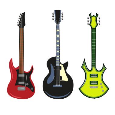 Heavy metal elektrik bas veya beyaz arka plan üzerinde izole akustik gitar topluluğu.