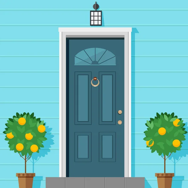 Porta da frente fechada com uma lanterna e plantas ornamentais em um pote. Ilustração vetorial em estilo plano . — Vetor de Stock