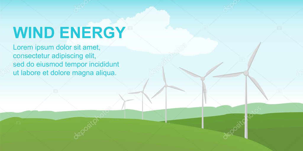 Wind power station on the green field. Alternative safe energy sources. Vector illustration in flat style.