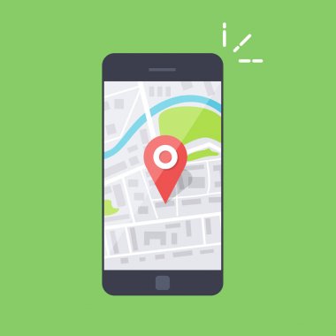 Smartphone navigasyon uygulama ve kırmızı PIN ile. Yollar, parklar, binalar, nehir ile soyut genel şehir haritası. Vektör çizim isoladen renk arka plan üzerinde.