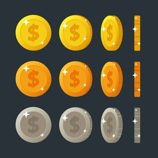 Золоті, срібні та бронзові плоскі мультяшні монети обертаються для веб або ігрового інтерфейсу. Векторні ілюстрації ізольовані на темному фоні . — стоковий вектор