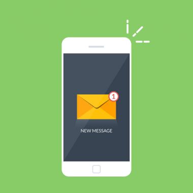 Bir cep telefonuna gelen bir e-mektup bildirilmesi. E-posta, spam, e-ticaret. Titreşim smartphone. Vektör çizim renk arka plan üzerinde izole. Düz stil.