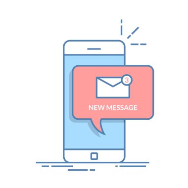 Yeni bir e-posta üstünde senin hareket eden telefon ya da smartphone bildirilmesi. Posta simgesini konuşma balonları. İnce çizgi vektör düz illüstrasyon izole beyaz arka plan üzerinde.
