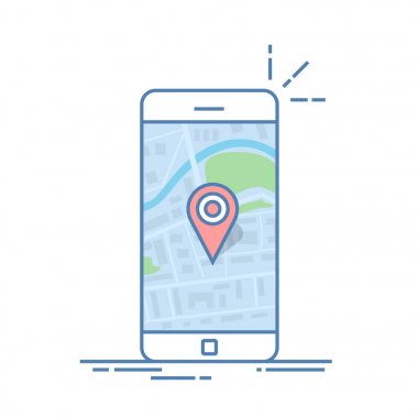 Smartphone navigasyon uygulama ve kırmızı PIN ile. Yollar, parklar, binalar, nehir ile soyut genel şehir haritası. İnce çizgi vektör çizim isoladen renk arka plan üzerinde.