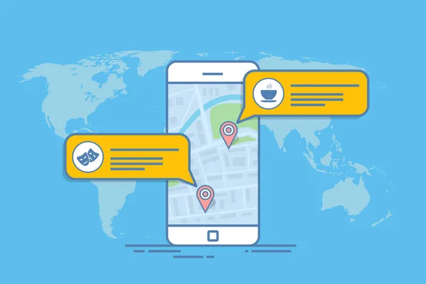 Konzept einer mobilen Karte oder eines Navigators. Pop-up-Dialogfeld mit Objektbeschreibung auf der Karte. Darstellung des Dünnlinienvektors. — Stockvektor