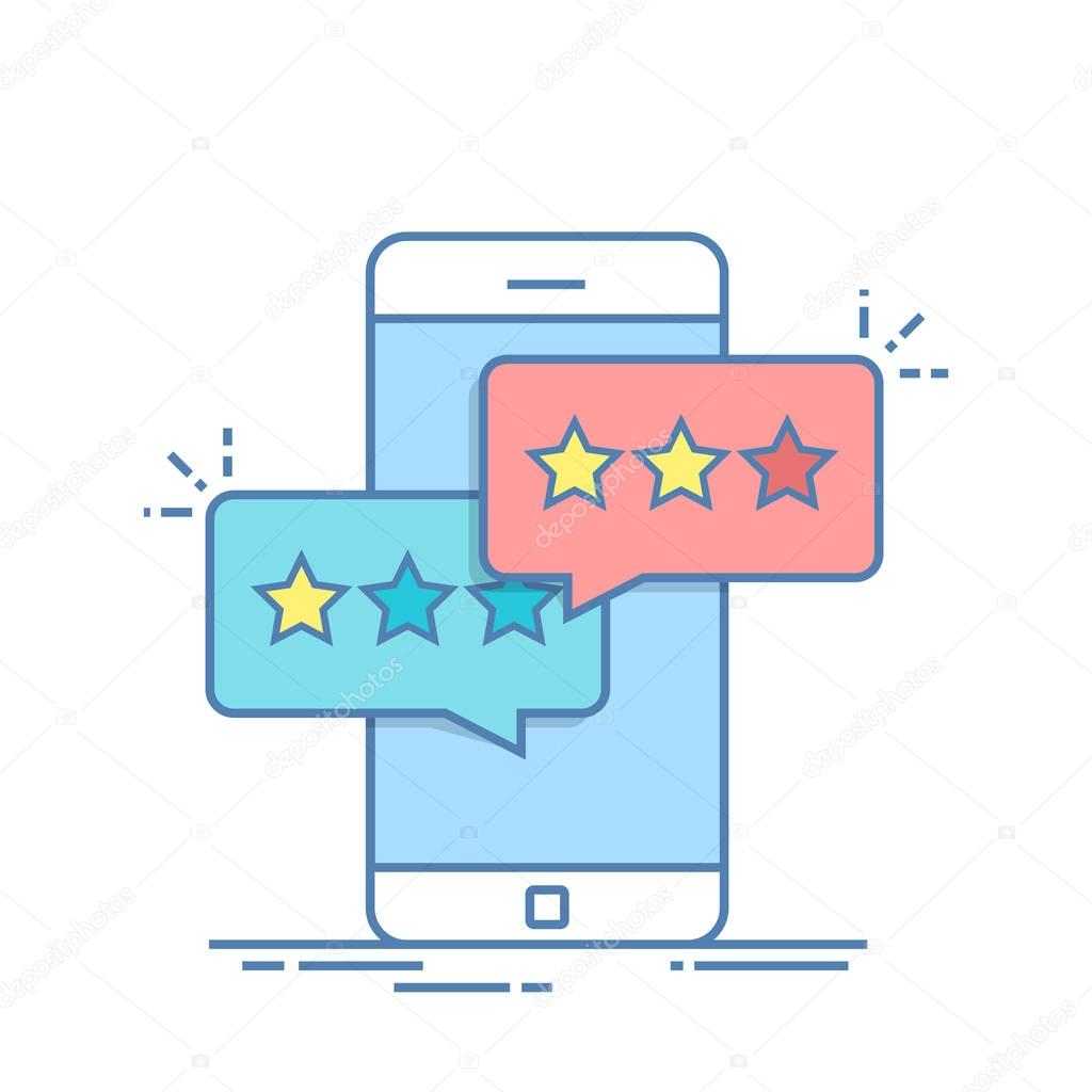 Pop-up dialog box on the mobile phone with a suggestion to put an estimate. View the ranking in the form of stars. Feedback or evaluation. Thin line vector illustration.