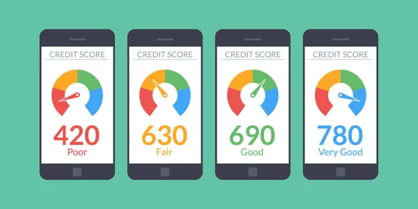 Collectie smartphones met krediet score app op het scherm in vlakke stijl. Financiële informatie over de client. Vectorillustratie geïsoleerd op witte achtergrond. — Stockvector