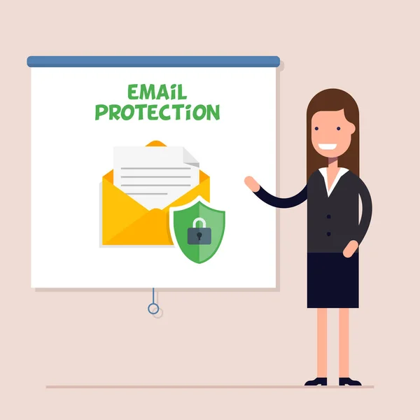 Forretningskvinde afholder uddannelsesseminar eller konference om emnet e-mail sikkerhed. Beskyttelse af e-mail. Fast vektortegn . – Stock-vektor
