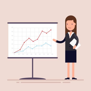 Businesswoman or an employee with documents in his hands demonstrates the income schedule. Presentation of revenue growth for investors. clipart