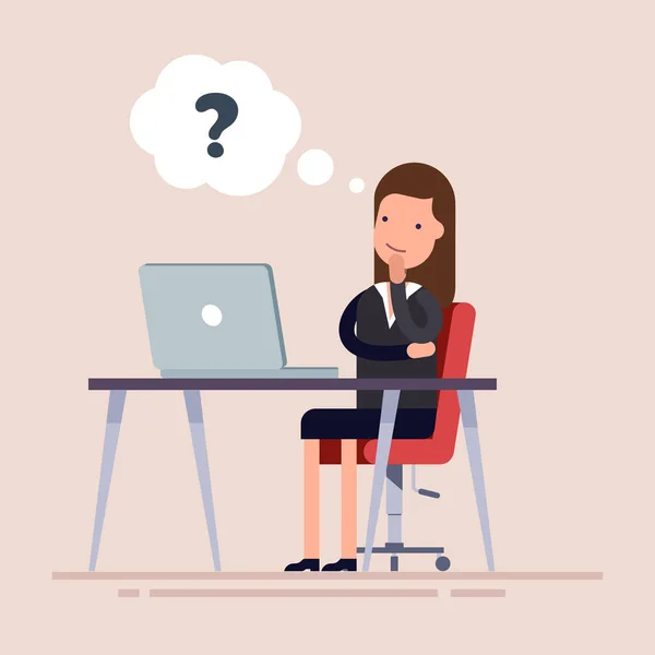 Businesswoman or an employee sitting with laptop and thinking. Confused businesswoman making decision. Problems with the computer. The workplace of a young specialist. — Stock Vector