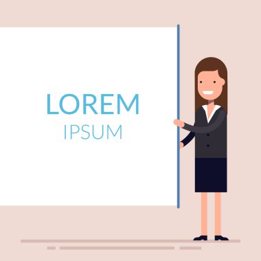 İş kadınları kurula sunmak. Sevimli kadın karakter hakkında iş konferans mevcut. İş takım elbiseli kadın. Düz karakter. Lorem Ipsum. Vektör çizim.