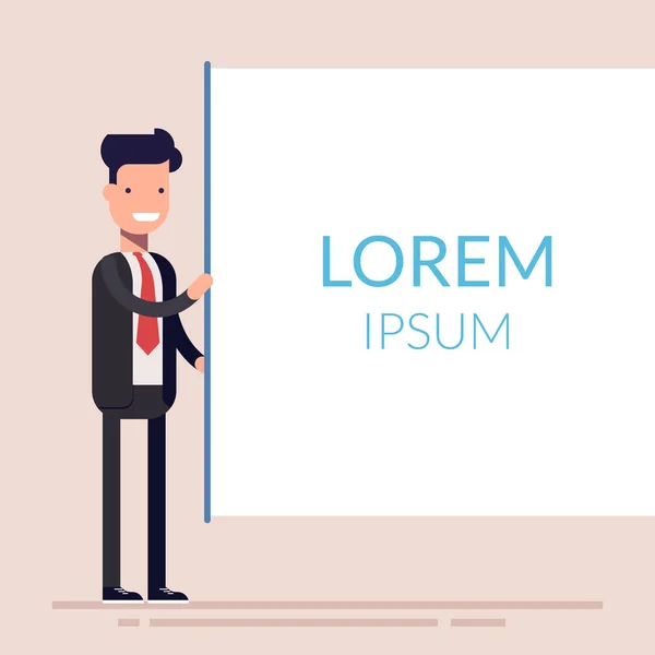 Podnikatelé nebo správce přítomen s Radou. Skvělá ženská postava, která se o podnikání přednášku. Muž v obleku. Rovinatý charakter. Lorem ipsum. Vektorové ilustrace. — Stockový vektor