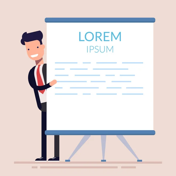 Konzept aus Seminar, Schulung, Workshop. Manager oder Geschäftsmann zeigt auf Flipchart. flachen Charakter isoliert auf dem Hintergrund. lorem ipsum. Vektorillustration. — Stockvektor