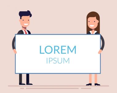 İş adamı ve kadın veya yöneticileri sunu ekranın dur. Bir toplantı veya seminer gösteride. Boş ekran. Düz karakter üzerinde arka izole.