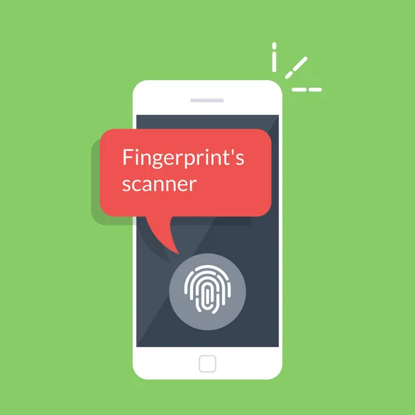 Smartphone ontgrendeld met vingerafdruk knop, mobiele telefoon veiligheid, mobiele telefoon gebruiker vergunning, login, beveiligingstechnologie. Platte vectorillustratie geïsoleerd op groene achtergrond. — Stockvector