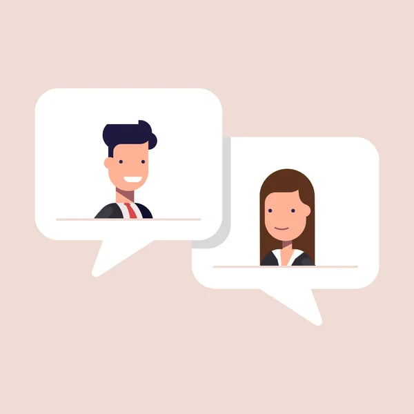 Hombre y mujer charlando en la burbuja del habla. Un hombre de negocios y una mujer de negocios hablando. Concepto de diálogo sobre el tema de los negocios. Ilustración plana aislada sobre fondo de color . — Vector de stock