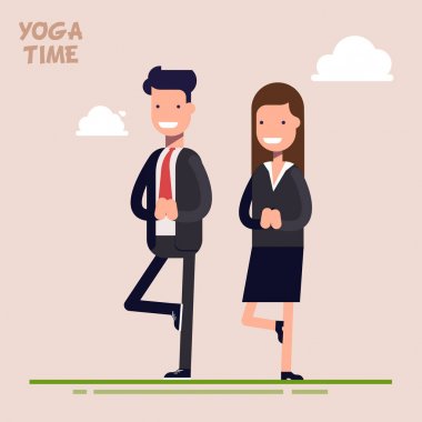 İş adamı ve iş kadını ya da yöneticileri yoga nişanlandık. Ağaç poz. Psikolojik boşaltma ve gevşeme zamanı. Düz renkli arka plan üzerinde izole düz stil karakterimde.
