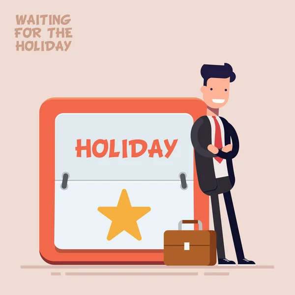 Podnikatel nebo manažer v obleku a kufr stojí poblíž velký kalendář na víkend nebo na dovolenou. Rovinatý charakter v plochý izolované na barvu pozadí. — Stockový vektor