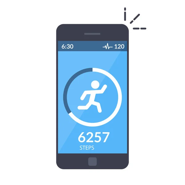 Toepassing op de mobiele telefoon om bij te houden van de stappen, de stappenteller. App voor ochtend joggen of fitness. Het concept van het interfaceontwerp van de apps. Geïsoleerde vlakke afbeelding. — Stockvector