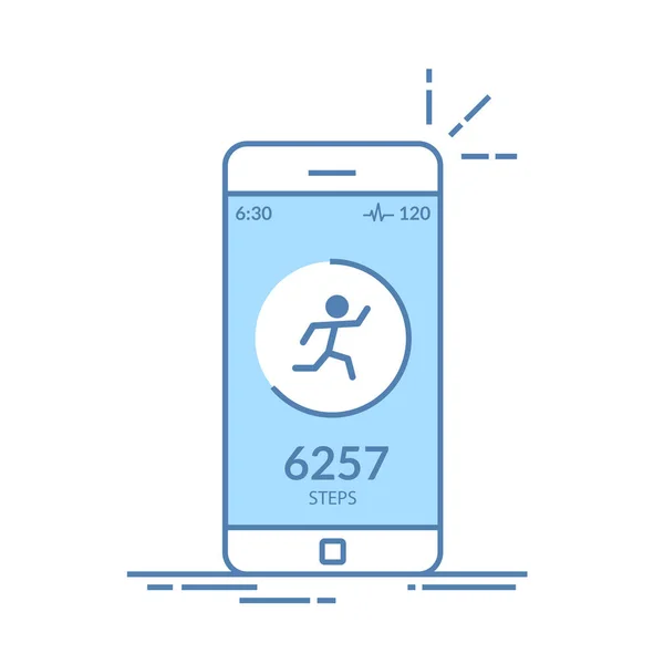 Εφαρμογή στο κινητό τηλέφωνο για να παρακολουθείτε τα βήματα, το βηματόμετρο. Εφαρμογή για τρέξιμο το πρωί ή το γυμναστήριο. Η έννοια του σχεδιασμού διεπαφής των εφαρμογών. Εικονογράφηση απομονωμένες λεπτή γραμμή. — Διανυσματικό Αρχείο