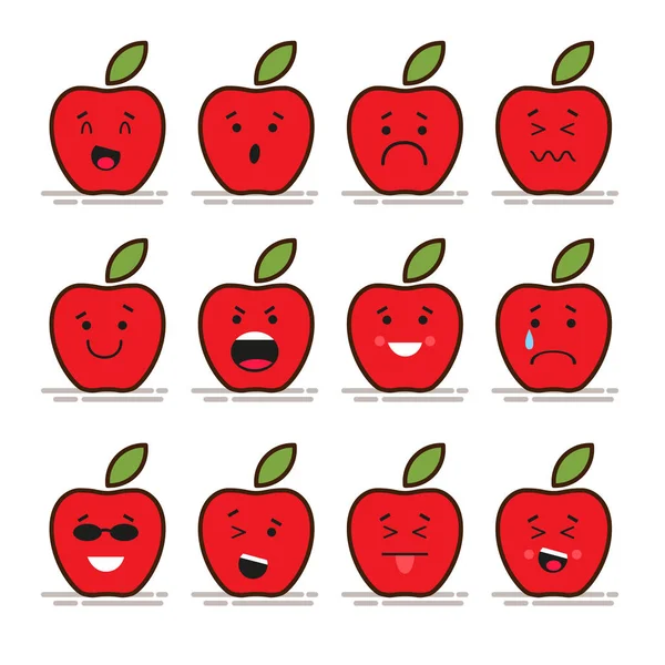 Set mit 12 modernen flachen Emoticons: roter Apfel mit Blatt, Essen, Obst, Lächeln, Traurigkeit und anderen Emotionen. Vektor Illustration isoliert von rotem Hintergrund. — Stockvektor