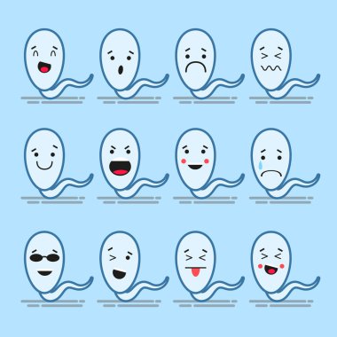 12 modern düz ifadeler kümesi: sperm, gülümseme, üzüntü ve diğer duygular. Vektör illüstrasyon izole renk arka plan.