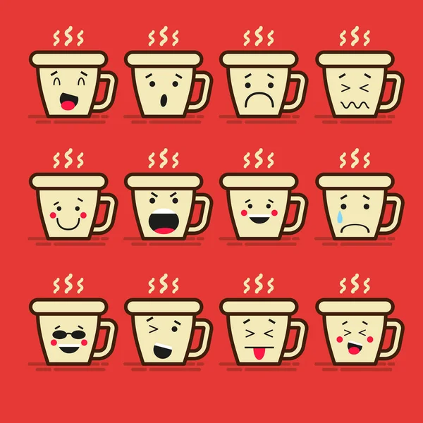 Set mit 12 modernen flachen Emoticons: Kaffee oder Tee, Tasse und Dampf, Heißgetränk, Lächeln, Traurigkeit und andere Emotionen. Vektor Illustration isoliert von rotem Hintergrund. — Stockvektor