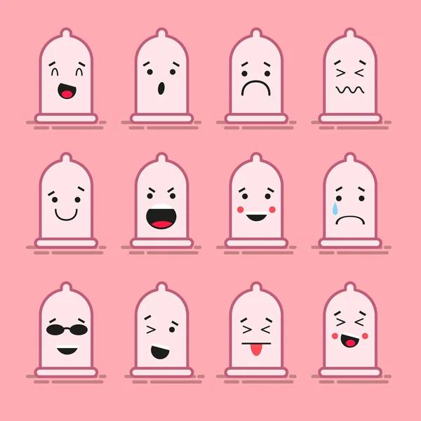 Set de 12 emoticonos planos modernos: sonrisa de condón de látex, tristeza y otras emociones. Ilustración vectorial aislada de fondo de color . — Archivo Imágenes Vectoriales