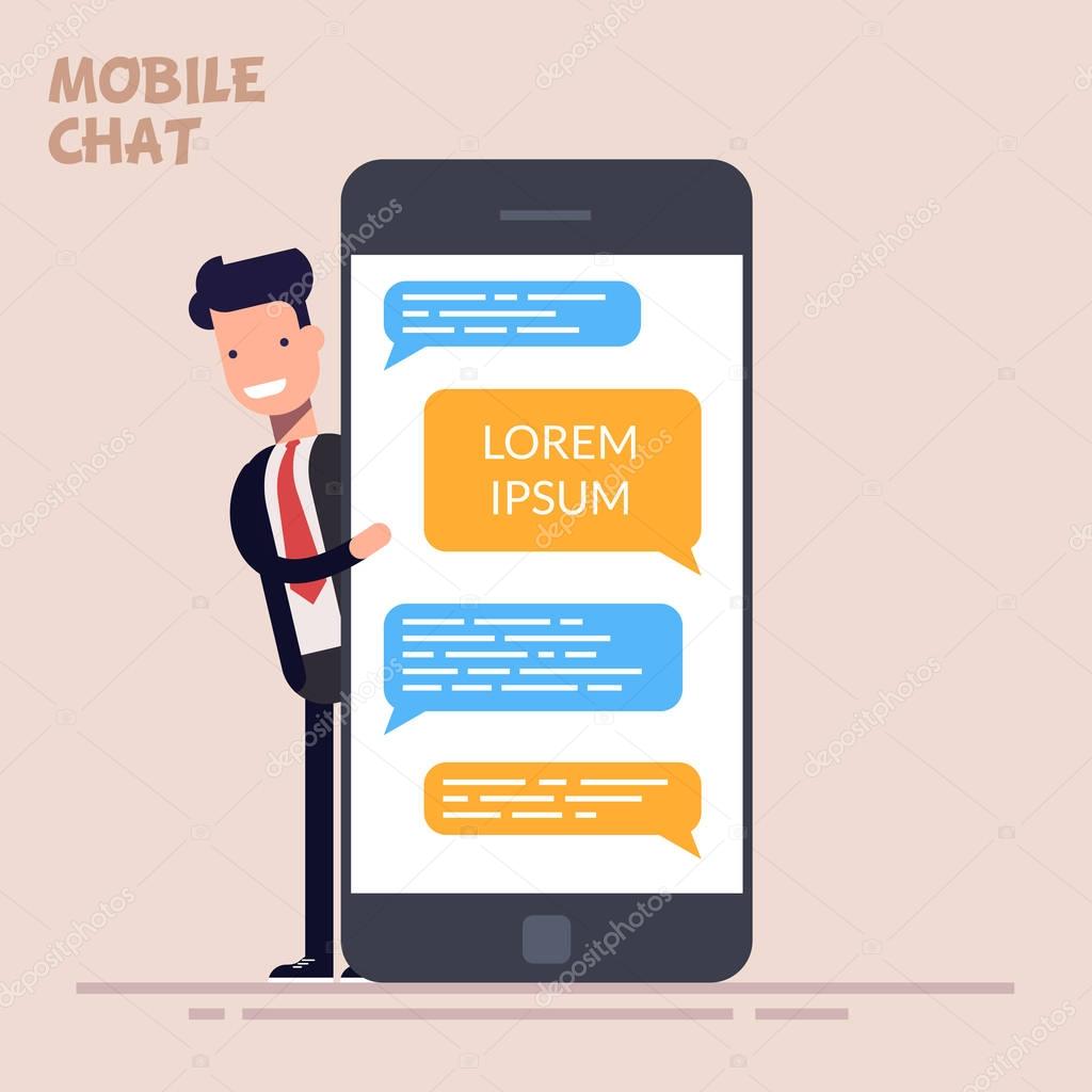 Instant messaging service. Happy businessman or manager is standing near a large phone or smartphone. Messaging service. Sms messenger. Flat character in flat style isolated on color background.
