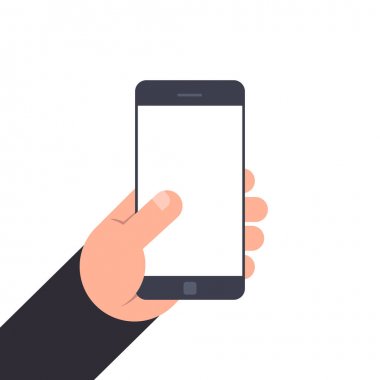 Boş ekran ile Smartphone tutan el. Düz illüstrasyon izole beyaz arka plan üzerinde. Mockup tasarım için.