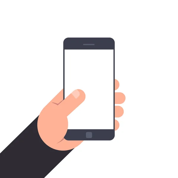 Hand met smartphone met leeg scherm. Vlakke afbeelding geïsoleerd op een witte achtergrond. Mockup voor ontwerp. — Stockvector