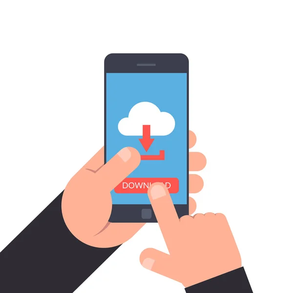 Hand houden en erop wijst dat een smartphone. Download of upload knop. Het pictogram van de wolk met pijl. Vlakke afbeelding geïsoleerd op witte achtergrond. — Stockvector