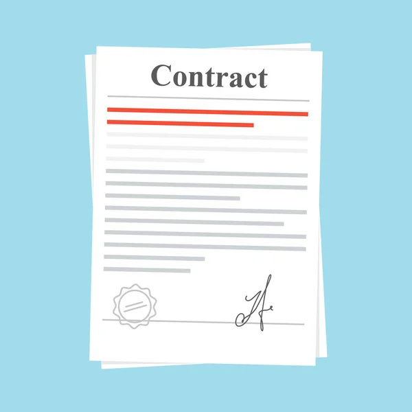 Contrato en papel firmado acuerdo icono del contrato. Documento con sello y firma. Ilustración plana aislada sobre fondo azul . — Vector de stock