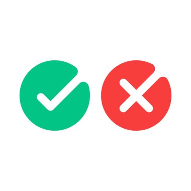 Onay işareti simgeler. Yeşil kene ve Kızıl Haç onay işaretli düz Icons set. Beyaz arka plan üzerinde izole vektör çizim.