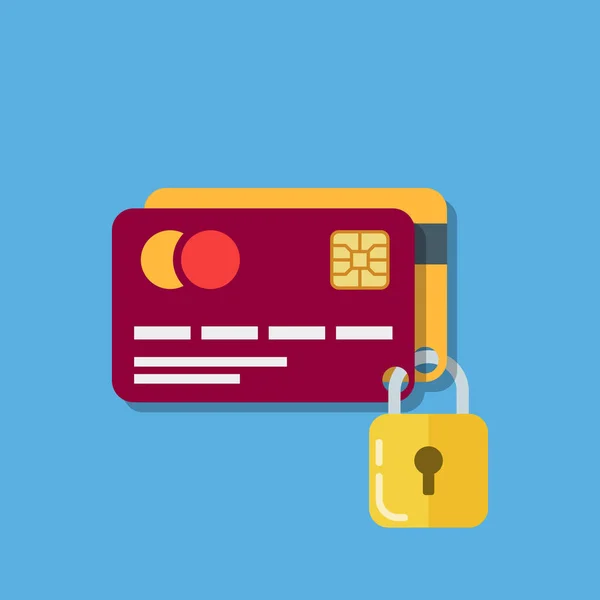Banka kartları güvenlik. İki banka kartları bir kilit ile güvenli. Emanet para ve online ödeme saklama gösteren bir plastik kart simgesi — Stok Vektör