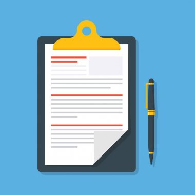 Mavi renkli düz bir tarzda izole kalem ile iş kağıt belge. Premium Kalite vektör çizim.