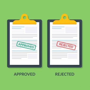 Pano üzerindeki belgeler kümesi. Yazdırma onaylanır veya reddedebilirsiniz. Vergi iadesi veya kredi belge. Business belgeleri. Premium Kalite vektör çizim düz tarzı.