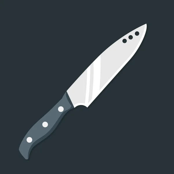 Kuchyňský nůž na maso řezání či krájení potravin. Kovový nůž s plastovou rukojetí a odlesky na ostré nože. Vektorové ilustrace vysoce kvalitní izolované na tmavém pozadí. — Stockový vektor